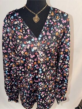 Floral V-Neck Long Sleeve Blouse - Black with Pink, Blue & Orange Flowers Size M
